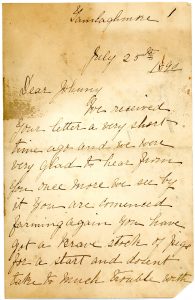 Letter to John Doole from sister Lizzie in Ireland: "Dear Johnny, We received your letter a very short time ago and we are very glad to hear from you once more. We see by it you are commenced farming again you have got a brave stock of pigs for a start"