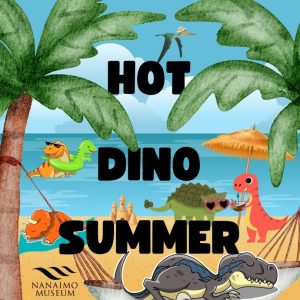 A group of dinosaurs on a beach doing various summer activities with the text "Hot Dino Summer" in black letters.